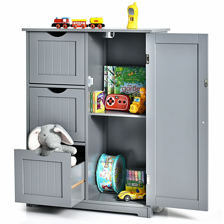 Hikidspace Floor Cabinet Side Storage Cabinet with 3 Drawers and Adjustable Shelves for Bathroom and Bedroom_Gray