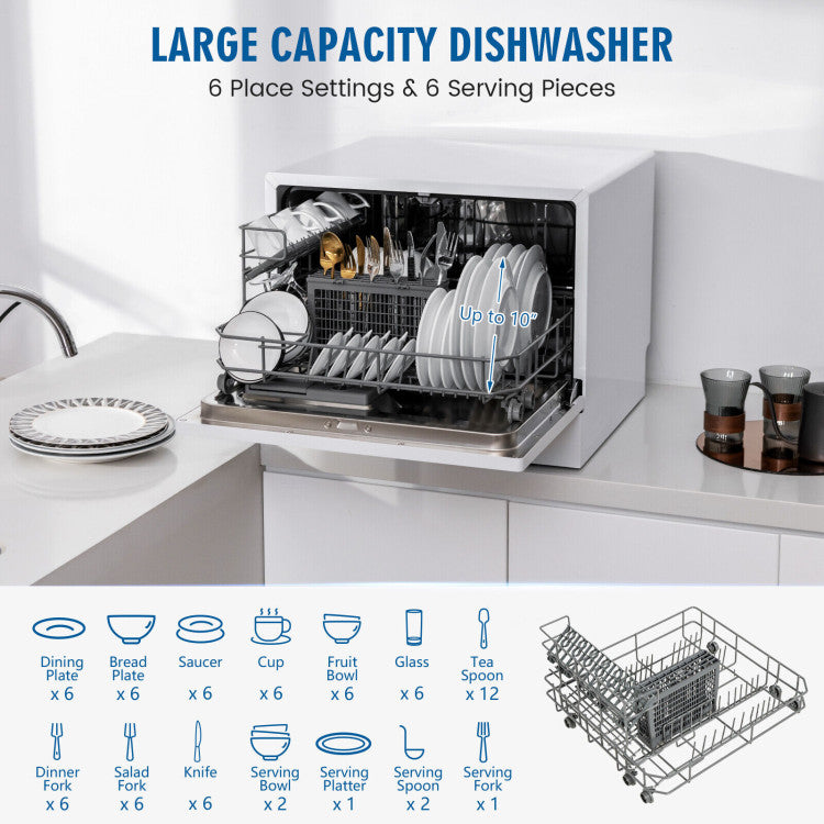 Compact Countertop Dishwasher 5 Washing Programs with 6 Place Settings and Child Safety Lock