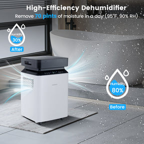 70/90 Pint 4500/6000 Sq. Ft Portable Dehumidifier with Drain Hose, Multiple Drainage Options, 24H Timer & 2.2 Gal Water Tank for Home Basement and Office