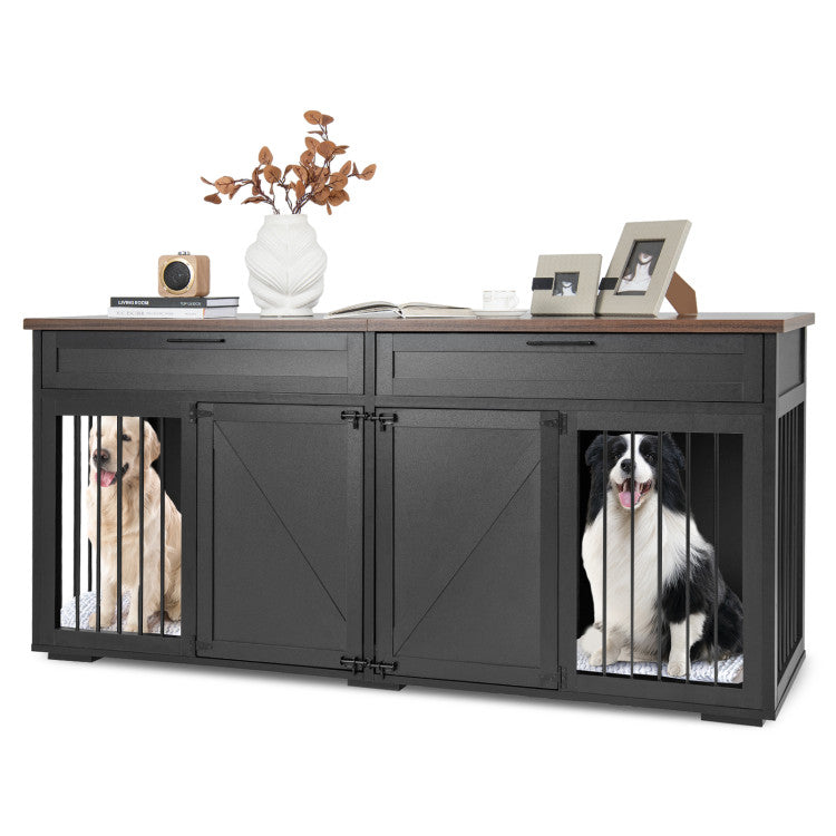 Double Dog Crate Furniture Large Breed Wood Dog Kennel with Removable Divider