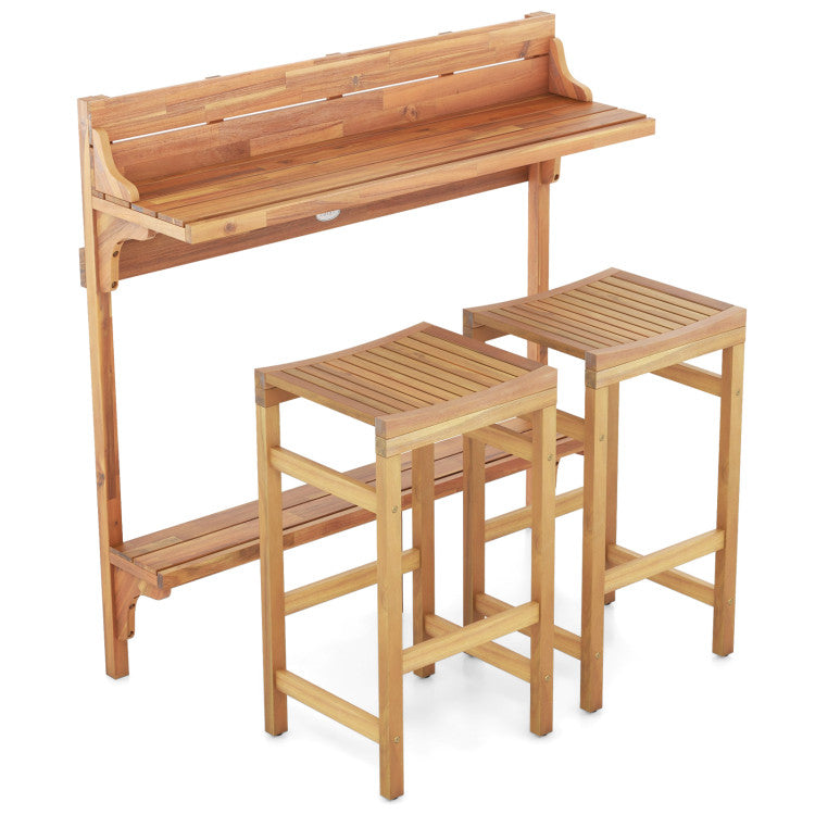 Farmhouse-Style 3 Pieces Patio Acacia Wood Bar Table Set with Footrest