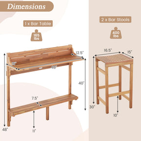 Farmhouse-Style 3 Pieces Patio Acacia Wood Bar Table Set with Footrest