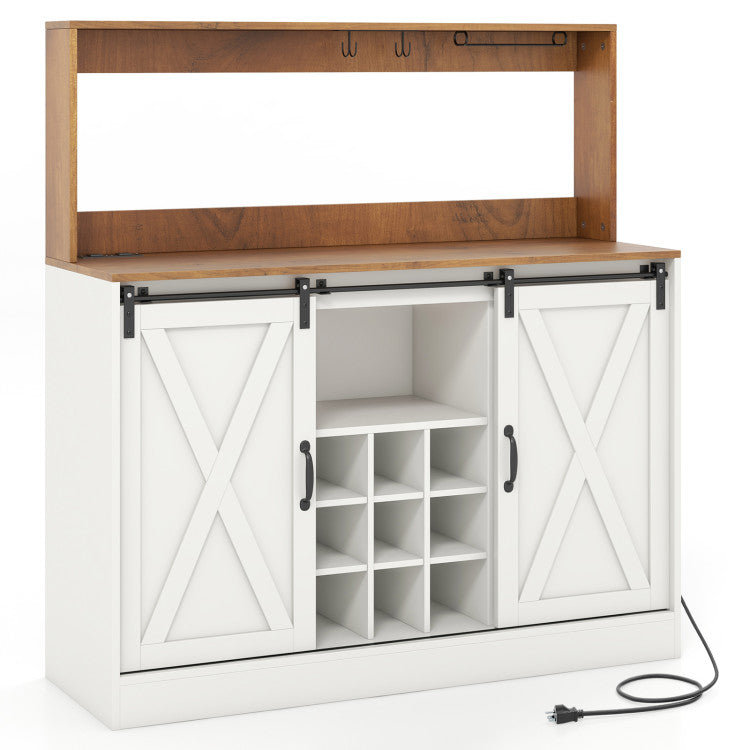 Hikidspace Farmhouse Style Wine Coffee Bar Cabinet Sideboard Buffet with Charging Station and Glass Holders_White