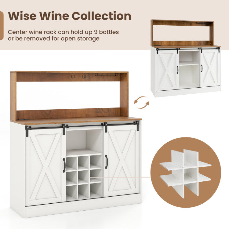 Hikidspace Farmhouse Style Wine Coffee Bar Cabinet Sideboard Buffet with Charging Station and Glass Holders_White