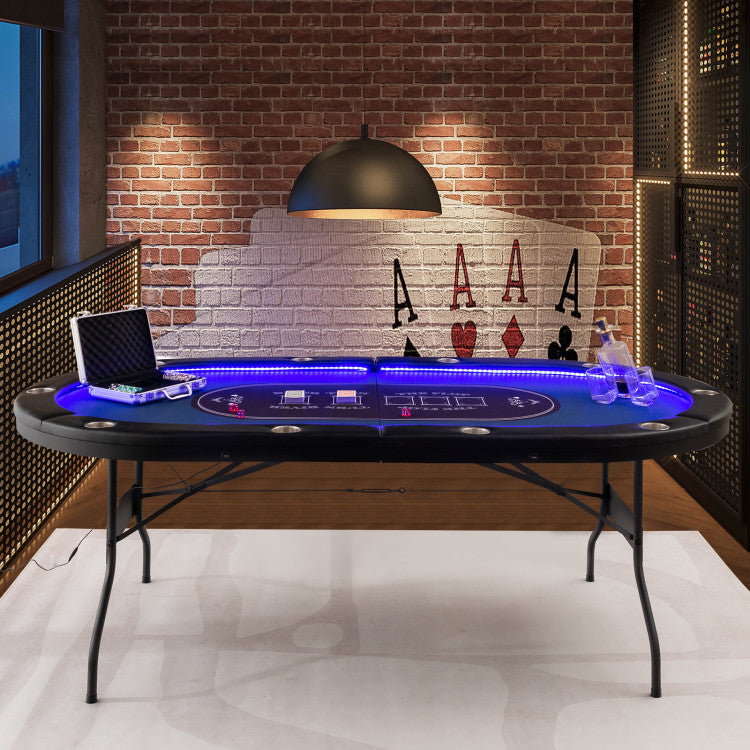 Foldable 10-Player Poker Table with LED Lights and USB Ports for Texas Game