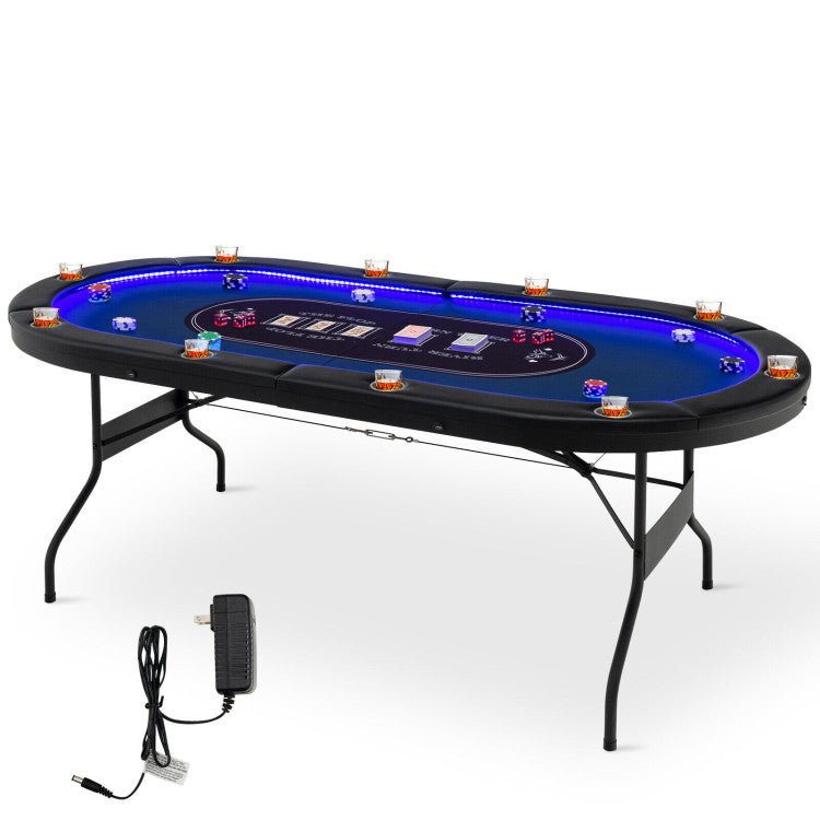 Foldable 10-Player Poker Table with LED Lights and USB Ports for Texas Game