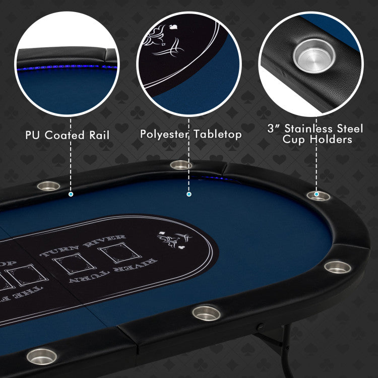 Foldable 10-Player Poker Table with LED Lights and USB Ports for Texas Game