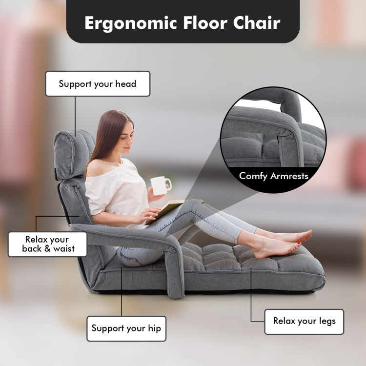 Foldable Floor Chair Sofa with 6 Position Adjustable Backrest and Footrest