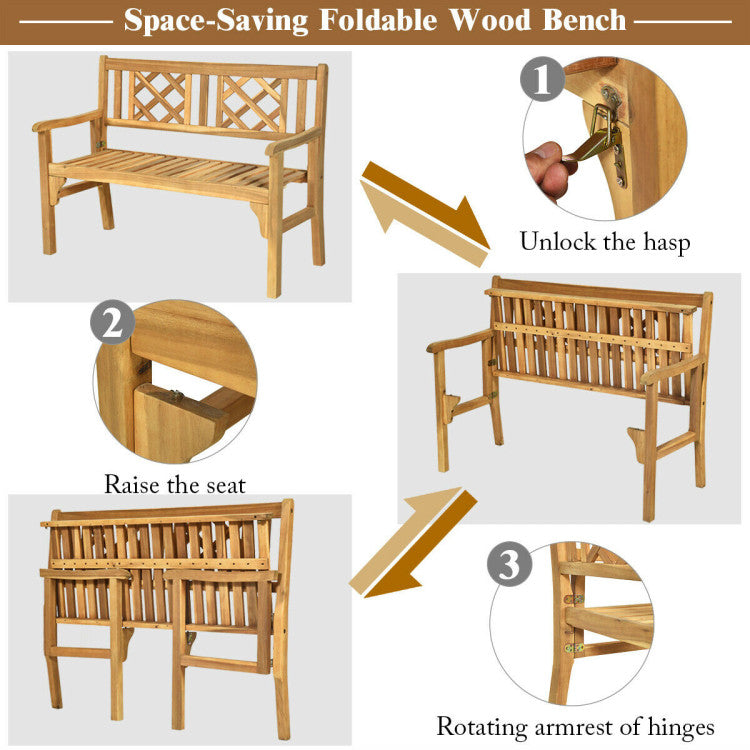 Foldable Patio Bench with Curved Backrest and Armrest for Garden and Poolside