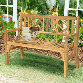 Foldable Patio Bench with Curved Backrest and Armrest for Garden and Poolside