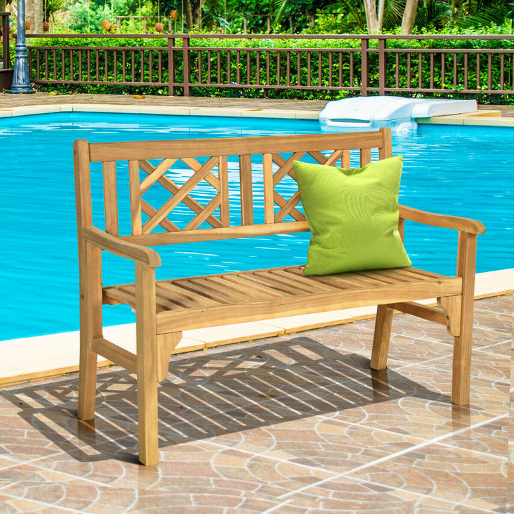 Foldable Patio Bench with Curved Backrest and Armrest for Garden and Poolside