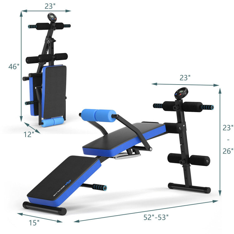 Hikidspace Foldable Sit-up Bench with 5-Level Adjustable Position and LCD Monitor_Blue