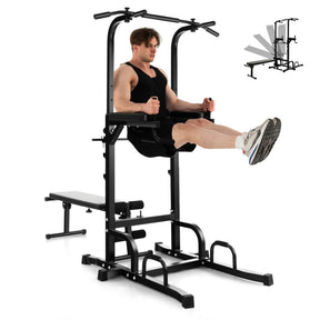 Folding Strength Training Power Tower Pull-up Bar Stand with Adjustable Heights and Bench for Home Gym or Office