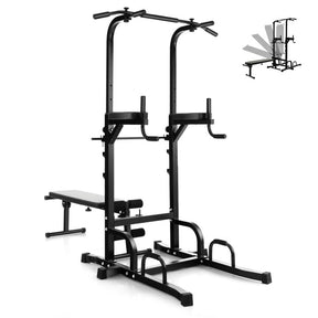 Folding Strength Training Power Tower Pull-up Bar Stand with Adjustable Heights and Bench for Home Gym or Office