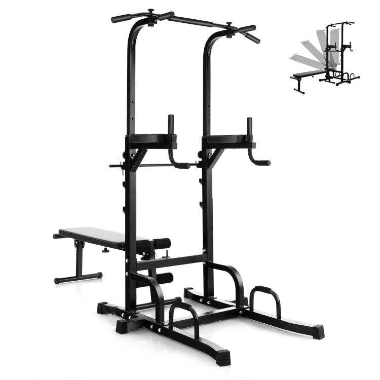 Folding Strength Training Power Tower Pull-up Bar Stand with Adjustable Heights and Bench for Home Gym or Office