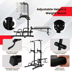 Folding Strength Training Power Tower Pull-up Bar Stand with Adjustable Heights and Bench for Home Gym or Office