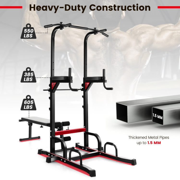 Folding Strength Training Power Tower Pull-up Bar Stand with Adjustable Heights and Bench for Home Gym or Office