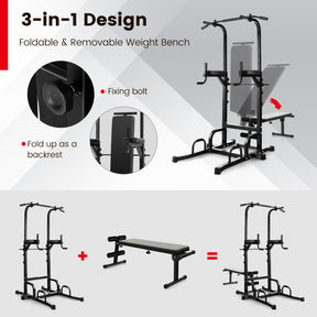 Folding Strength Training Power Tower Pull-up Bar Stand with Adjustable Heights and Bench for Home Gym or Office