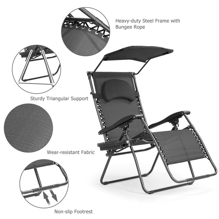 Hikidspace Folding Recliner Lounge Chair with Canopy and Cup Holder for Beach