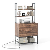 Hikidspace Freestanding File Cabinet with Charging Station and 3-Tier Open Shelves for Home Office_Brown