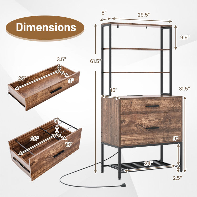 Hikidspace Freestanding File Cabinet with Charging Station and 3-Tier Open Shelves for Home Office_Brown