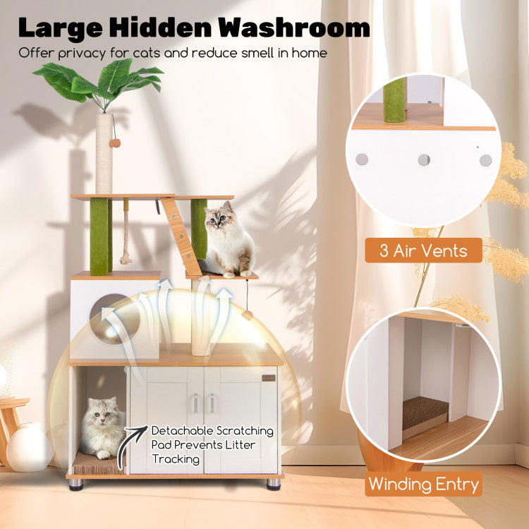 Hikidspace Hidden Cat Washroom with Cat Tower and Odor-Free Litter Box for Indoor Cats