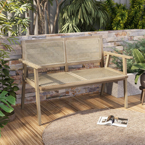 Indonesia Teak Wood Garden Bench with Armrests and Natural Rattan Backrest