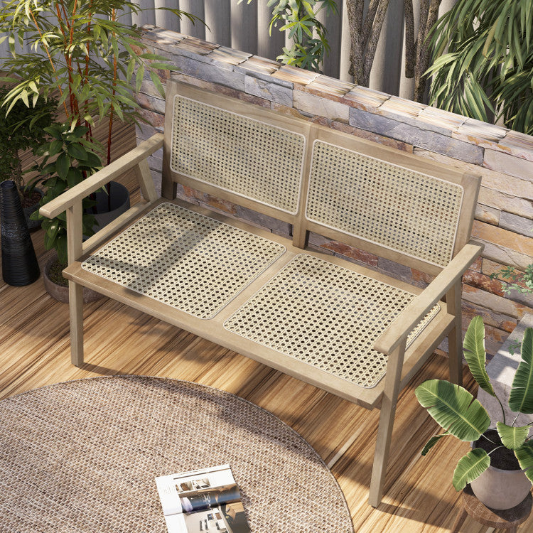 Indonesia Teak Wood Garden Bench with Armrests and Natural Rattan Backrest