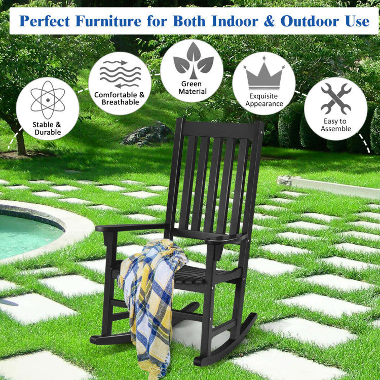 Indoor Outdoor Wooden High Back Rocking Chair for Garden, Patio, Balcony