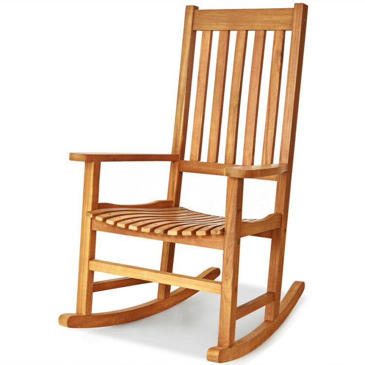 Indoor Outdoor Wooden High Back Rocking Chair for Garden, Patio, Balcony