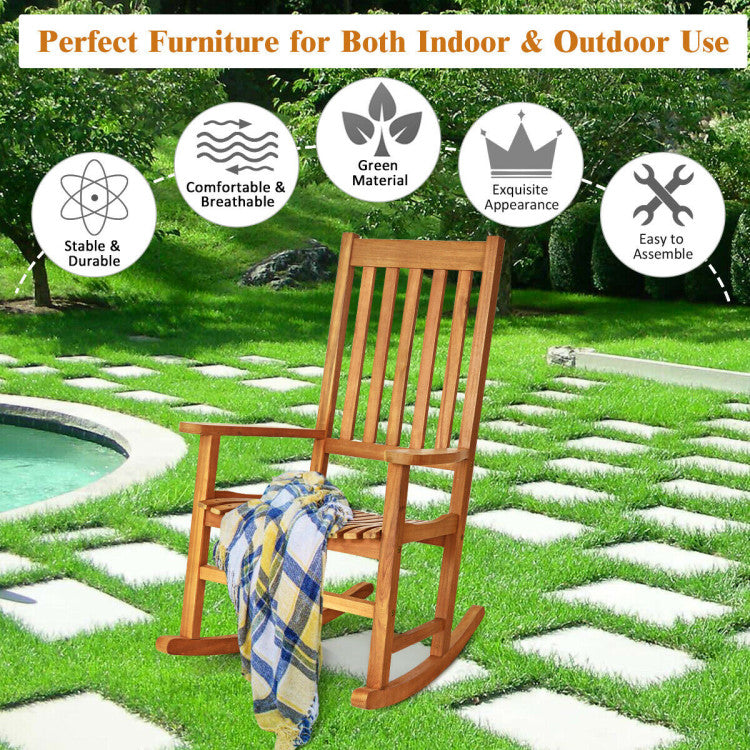 Indoor Outdoor Wooden High Back Rocking Chair for Garden, Patio, Balcony