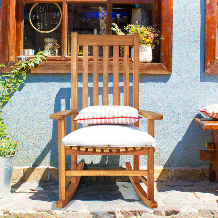 Indoor Outdoor Wooden High Back Rocking Chair for Garden, Patio, Balcony