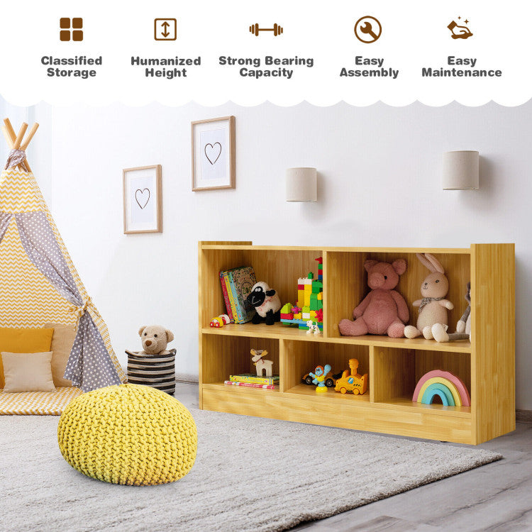 Hikidspace 2-Shelf Bookcase 5-Cube Wood Kids Toy Storage Cabinet Organizer Natural