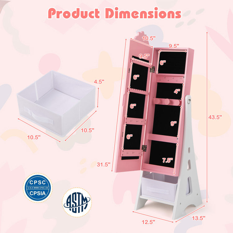 Kids Jewelry Cabinet with Full-Length Mirror and Foldable Drawer