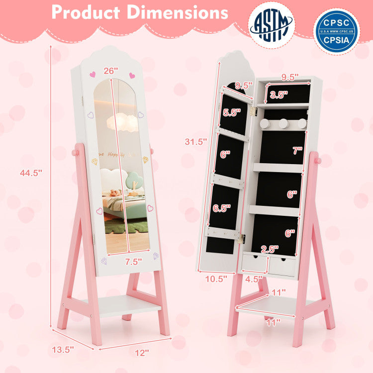 Hikidspace Kids Jewelry Organizer with Full Length Mirror Drawers and Storage Shelves_White