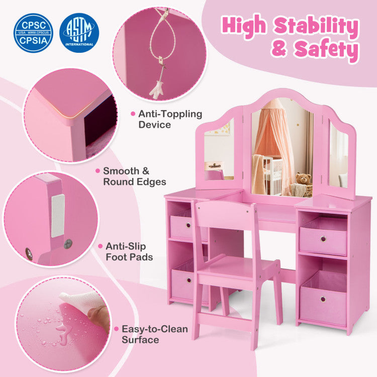 Hikidspace Kids Make-up Vanity Table and Chair Set Writing Desk with Removable Mirrors and Storage Bins_Pink