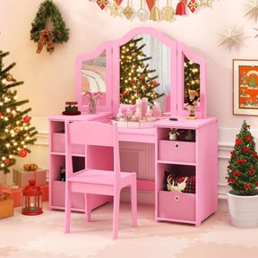 Hikidspace Kids Make-up Vanity Table and Chair Set Writing Desk with Removable Mirrors and Storage Bins_Pink