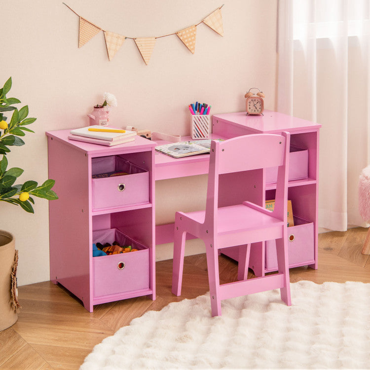 Hikidspace Kids Make-up Vanity Table and Chair Set Writing Desk with Removable Mirrors and Storage Bins_Pink