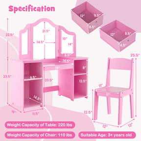 Hikidspace Kids Make-up Vanity Table and Chair Set Writing Desk with Removable Mirrors and Storage Bins_Pink