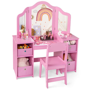 Hikidspace Kids Make-up Vanity Table and Chair Set Writing Desk with Removable Mirrors and Storage Bins_Pink