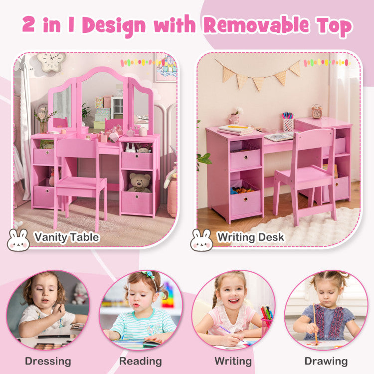 Hikidspace Kids Make-up Vanity Table and Chair Set Writing Desk with Removable Mirrors and Storage Bins_Pink