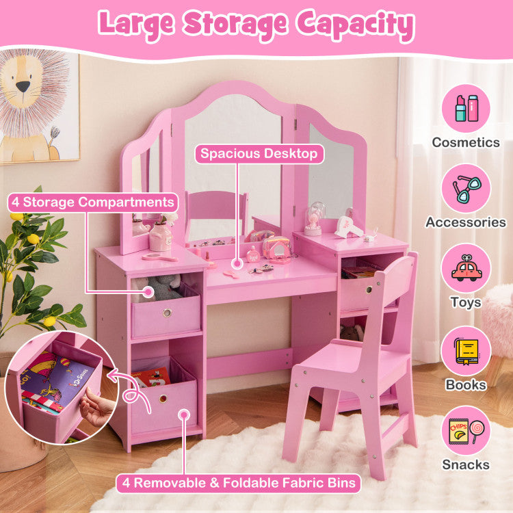 Hikidspace Kids Make-up Vanity Table and Chair Set Writing Desk with Removable Mirrors and Storage Bins_Pink