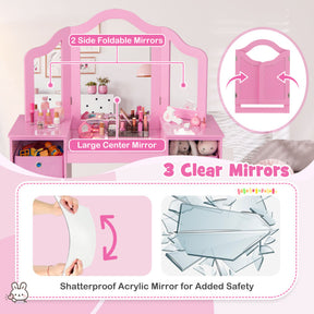 Hikidspace Kids Make-up Vanity Table and Chair Set Writing Desk with Removable Mirrors and Storage Bins_Pink