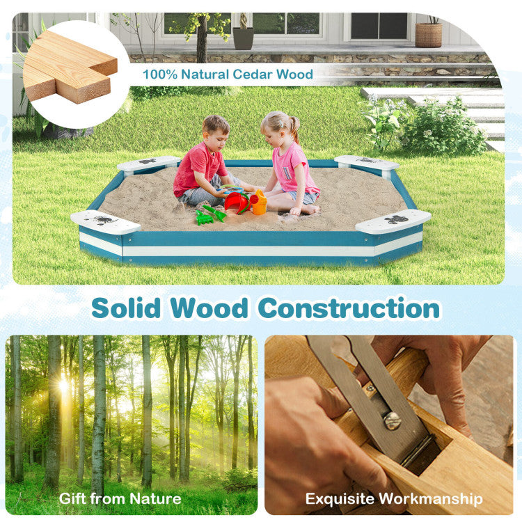 Kids Outdoor Solid Wood Sandbox with 4 Built-in Animal Patterns Seats for 3+ Year