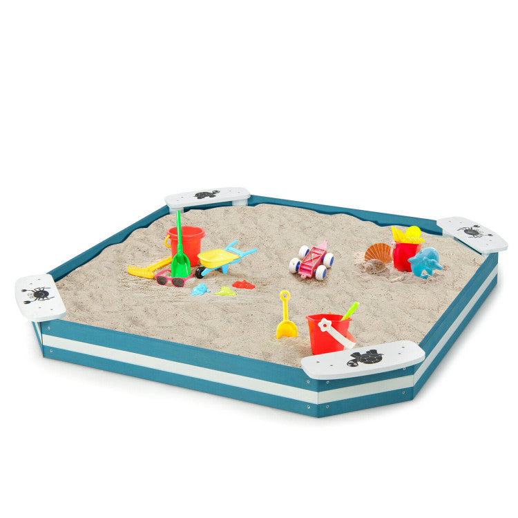 Kids Outdoor Solid Wood Sandbox with 4 Built-in Animal Patterns Seats for 3+ Year