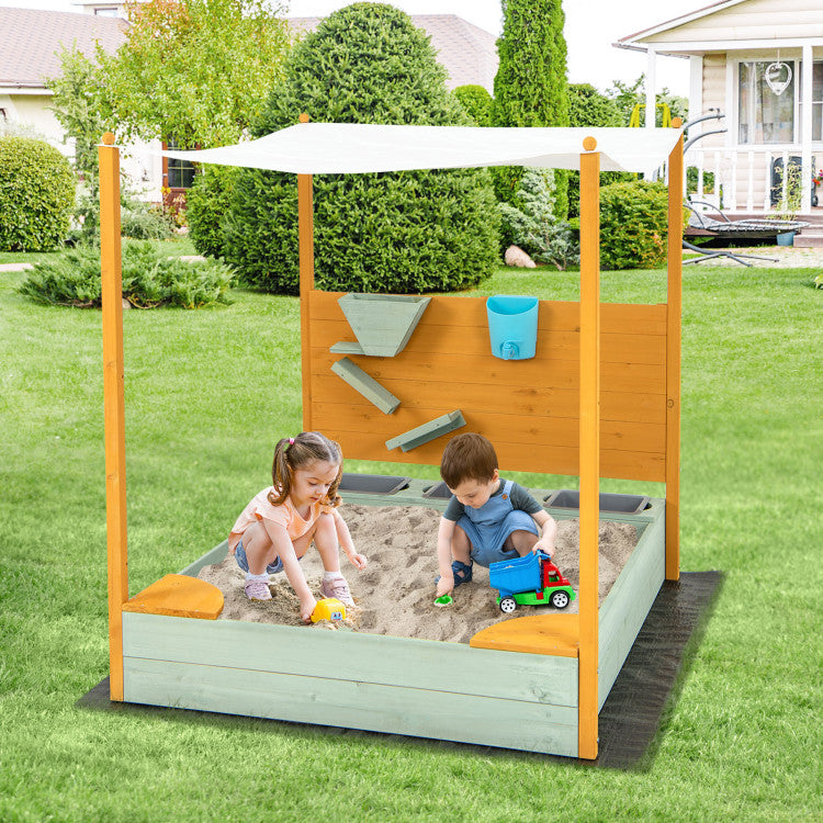 Kids Sandbox with Sand Wall and Removable Canopy for Kids 3-8 Years Old