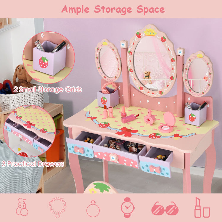 Kids Vanity Princess Makeup Dressing Table Chair Set with Tri-fold Mirror and Drawers