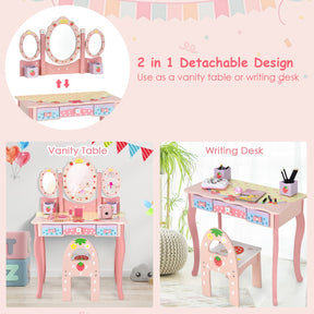 Kids Vanity Princess Makeup Dressing Table Chair Set with Tri-fold Mirror and Drawers