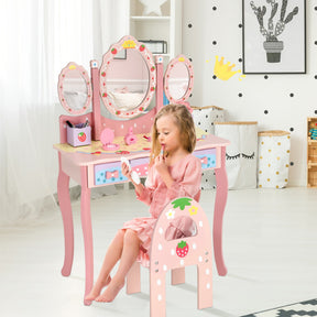 Kids Vanity Princess Makeup Dressing Table Chair Set with Tri-fold Mirror and Drawers