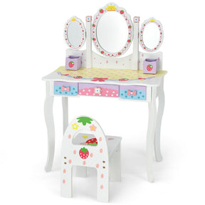 Kids Vanity Princess Makeup Dressing Table Chair Set with Tri-fold Mirror and Drawers